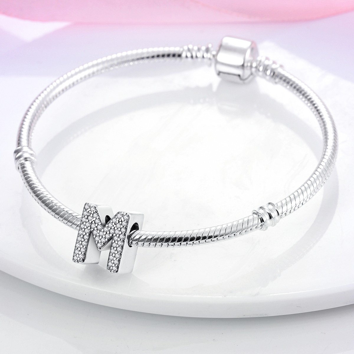 MULA Original Letter M Charm Clear AAA CZ Fit Women Bracelet 925 Sterling Silver
