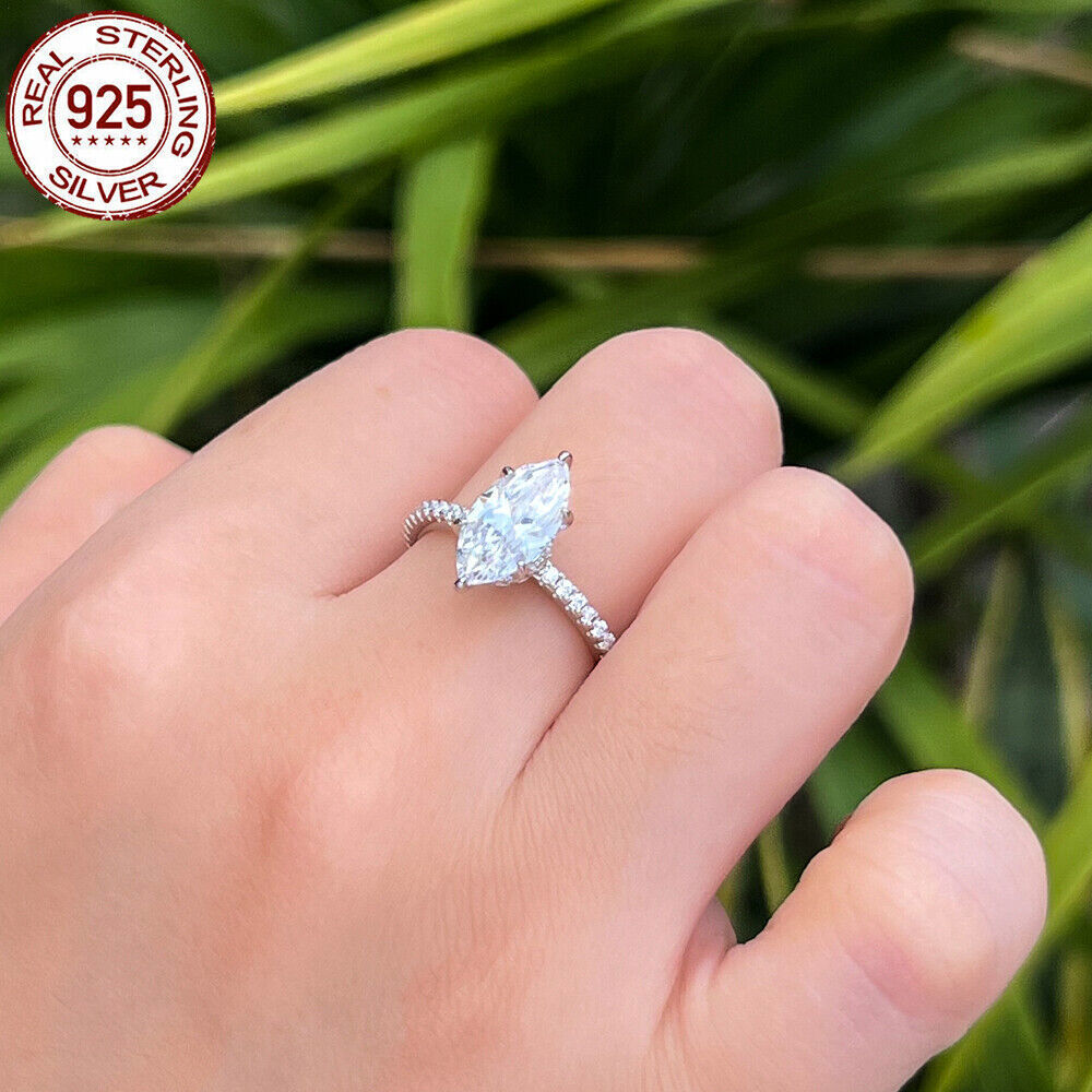 925 Sterling Silver Ring Gold Plated CZ White Marquise Cut Wedding Engagement