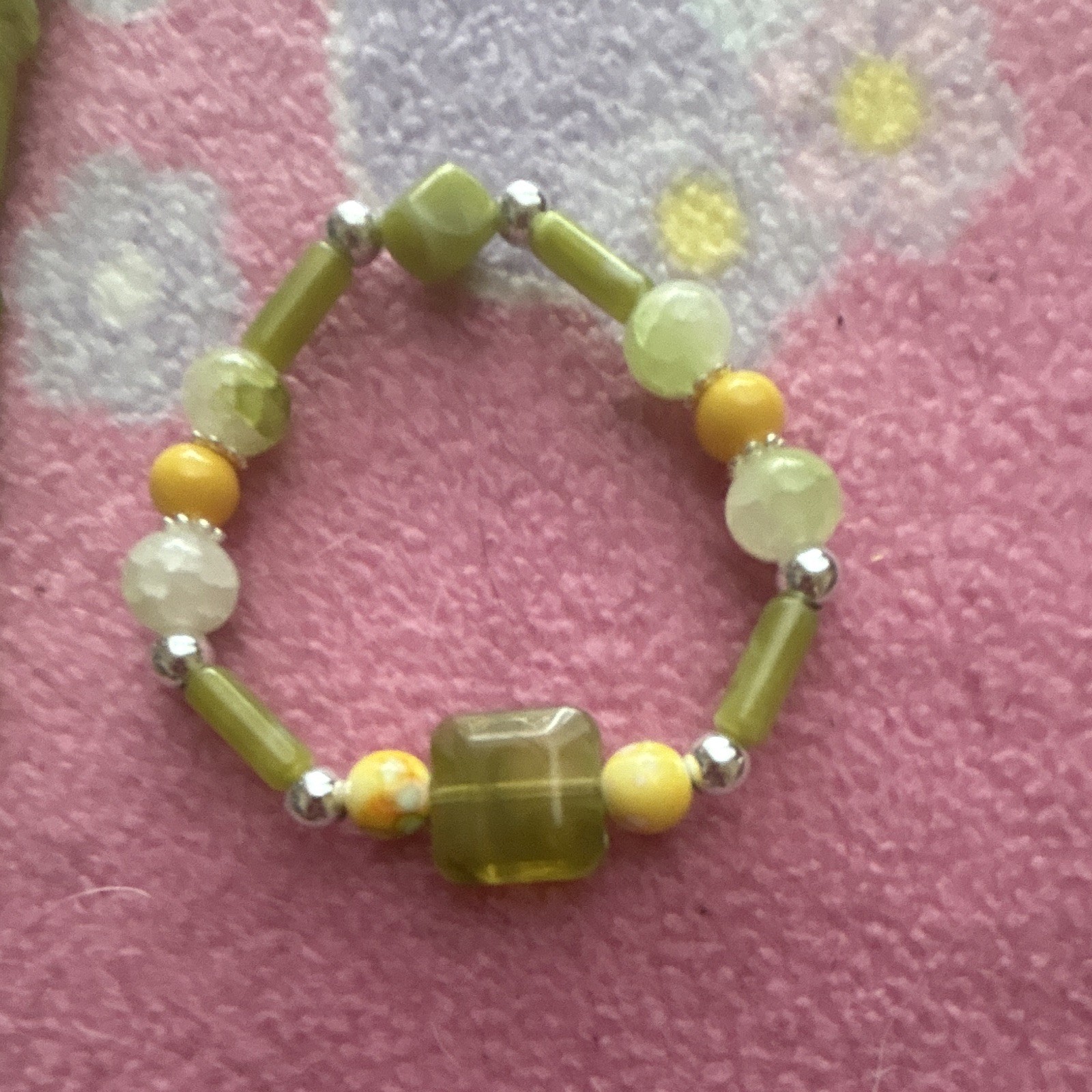 Green & Yellow Beaded Jewelry Set Necklace Bracelet with Turtle Animal Charm