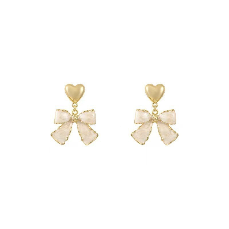 French style White Faux Pearl Heart Bow Dangle Earrings For Women One Size