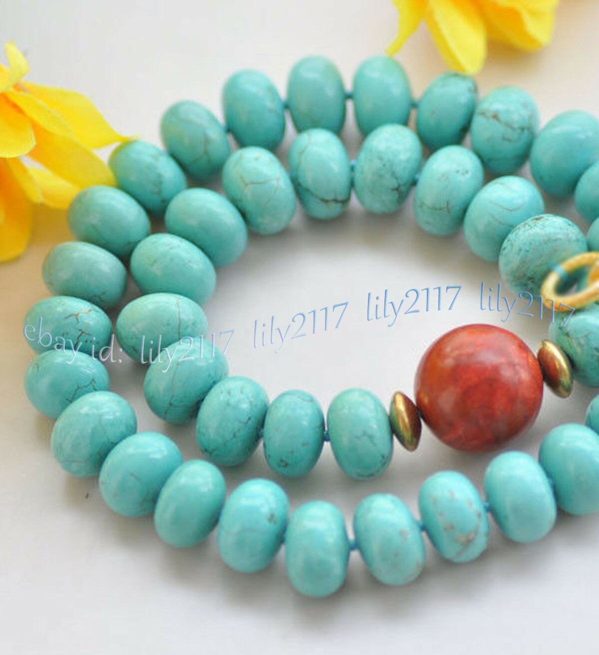 5x8mm Blue Turquoise Rondelle Gems Beads & 14mm Round Red Coral Pendant Necklace