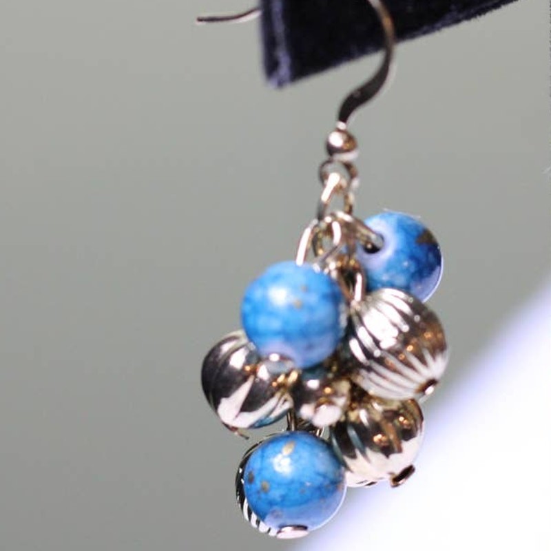 Gold Blue Beads Dangle Drop Fashion Earrings ~ NEW