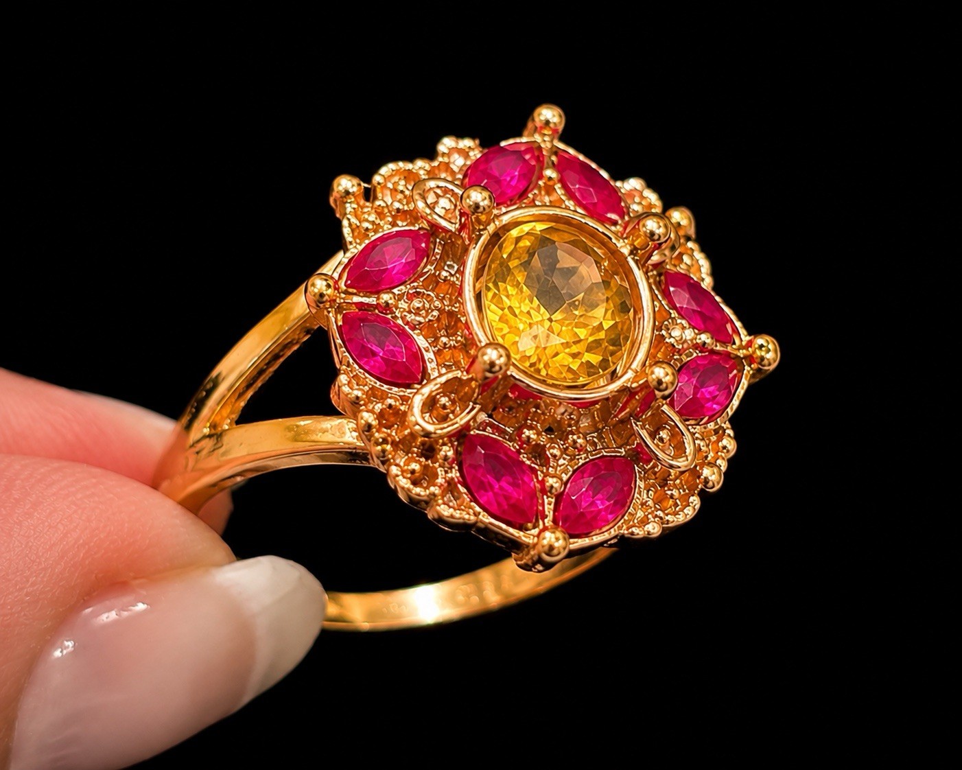 Gold-Tone Cocktail Ring Size 11 Oval Yellow Stone Pink Marquise Halo Prong