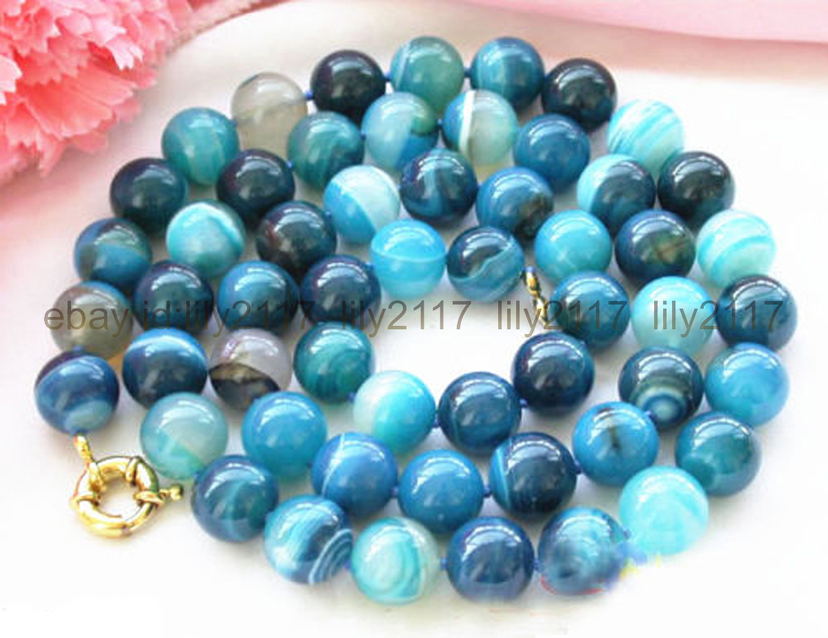 AAA NATURAL 10MM BLUE CRAZY DRAGON GRAIN AGATE ROUND BEADS NECKLACE 18”
