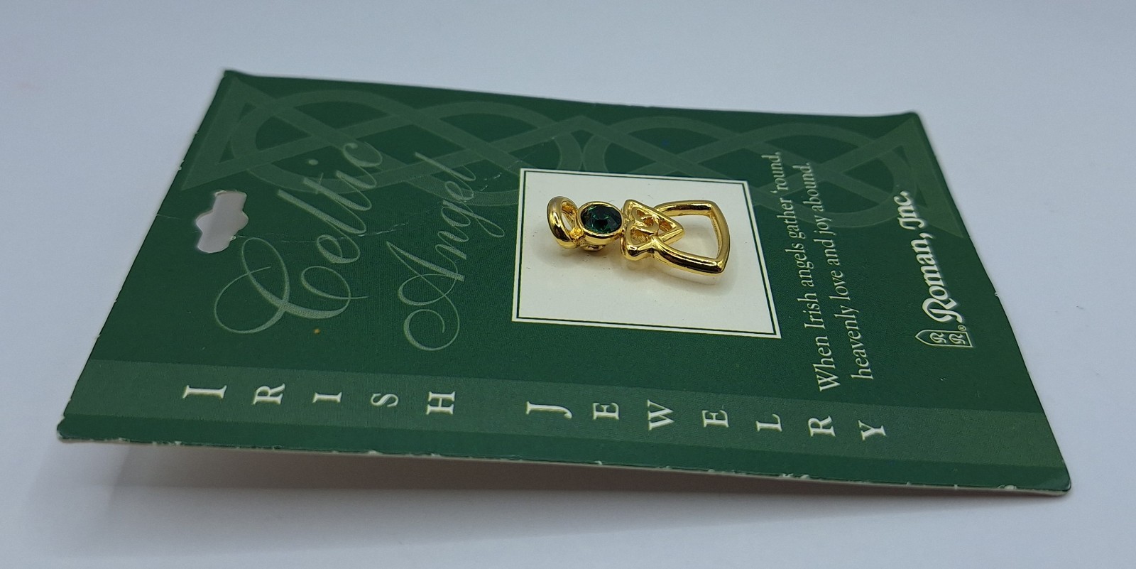 Roman Inc. Celtic Angel Irish Jewelry Pin Green Emerald Celtic Knot Angel NEW