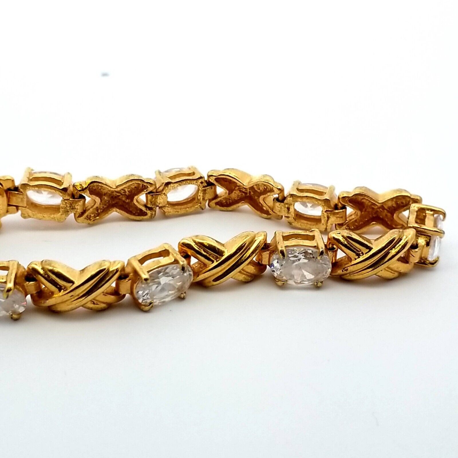 Sterling Gold Vermeil Oval Cz w/ X Links 7.5″ Bracelet Double Safety Clasp 15.7G