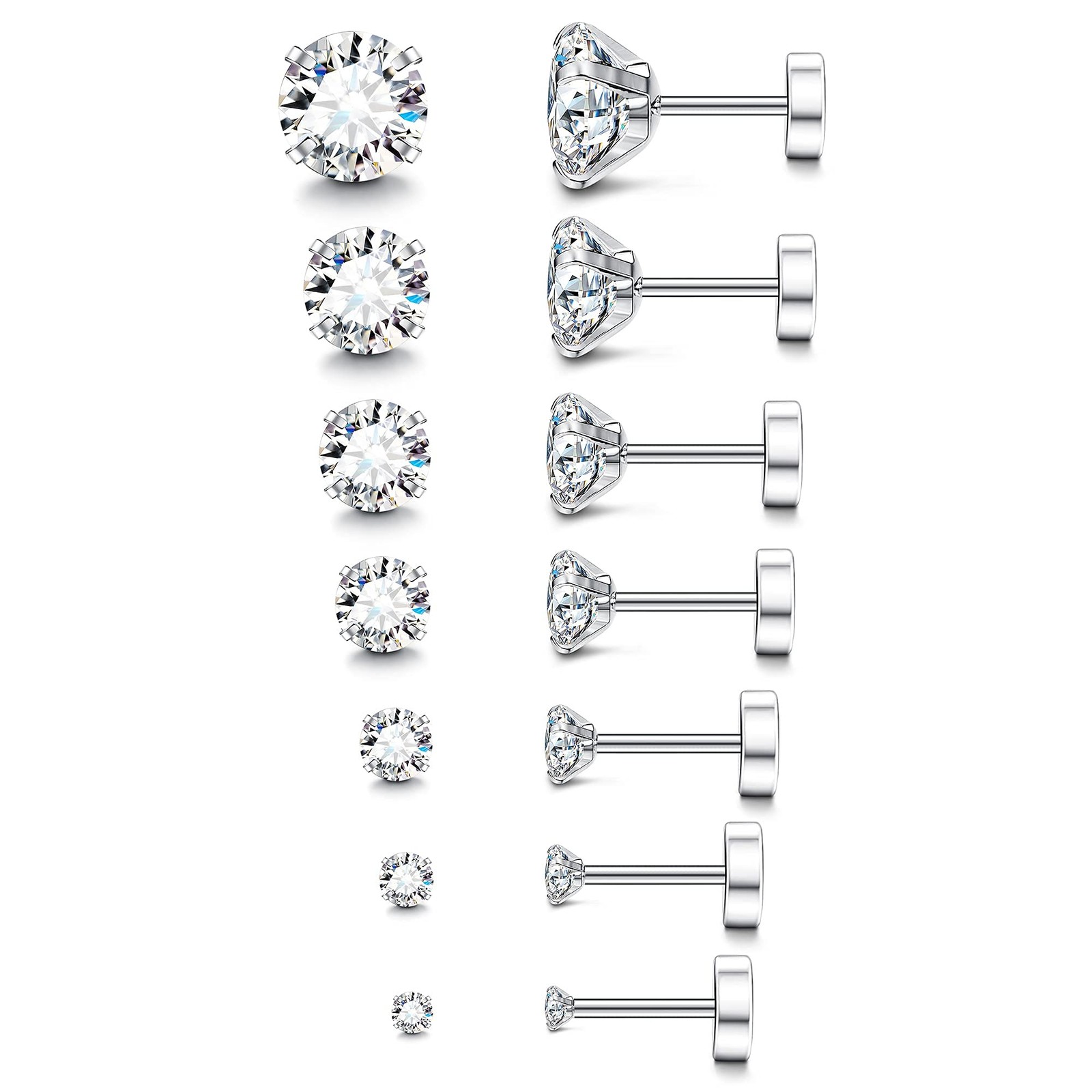 20G Hypoallergenic Flat Back Earrings for Women Men Silver 14K Gold Stainless St