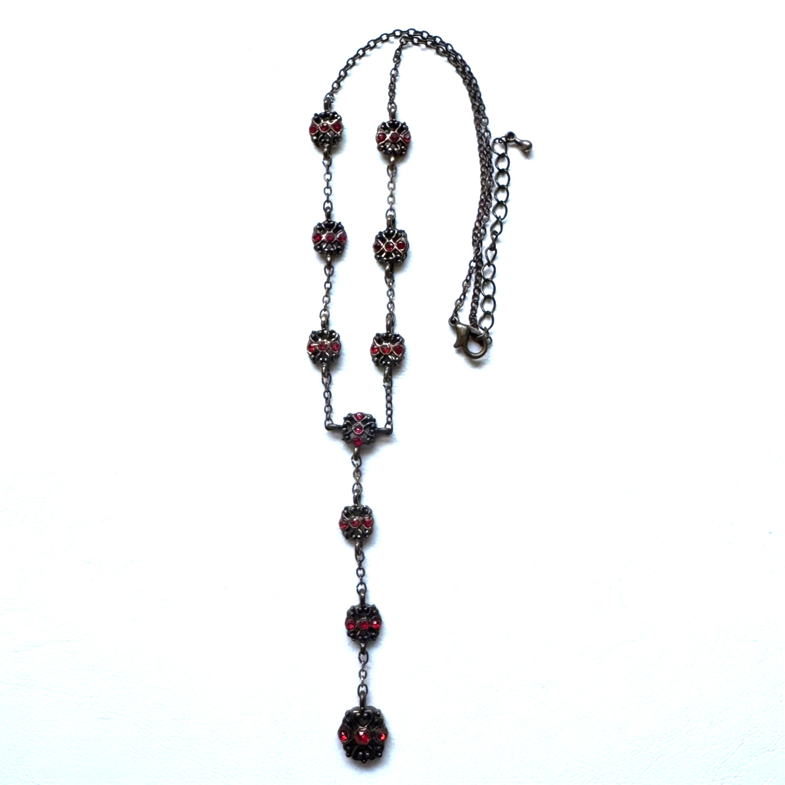 Gothic Red Rhinestone Y Drop Necklace Filigree Rosary Style Antique Bronze Goth