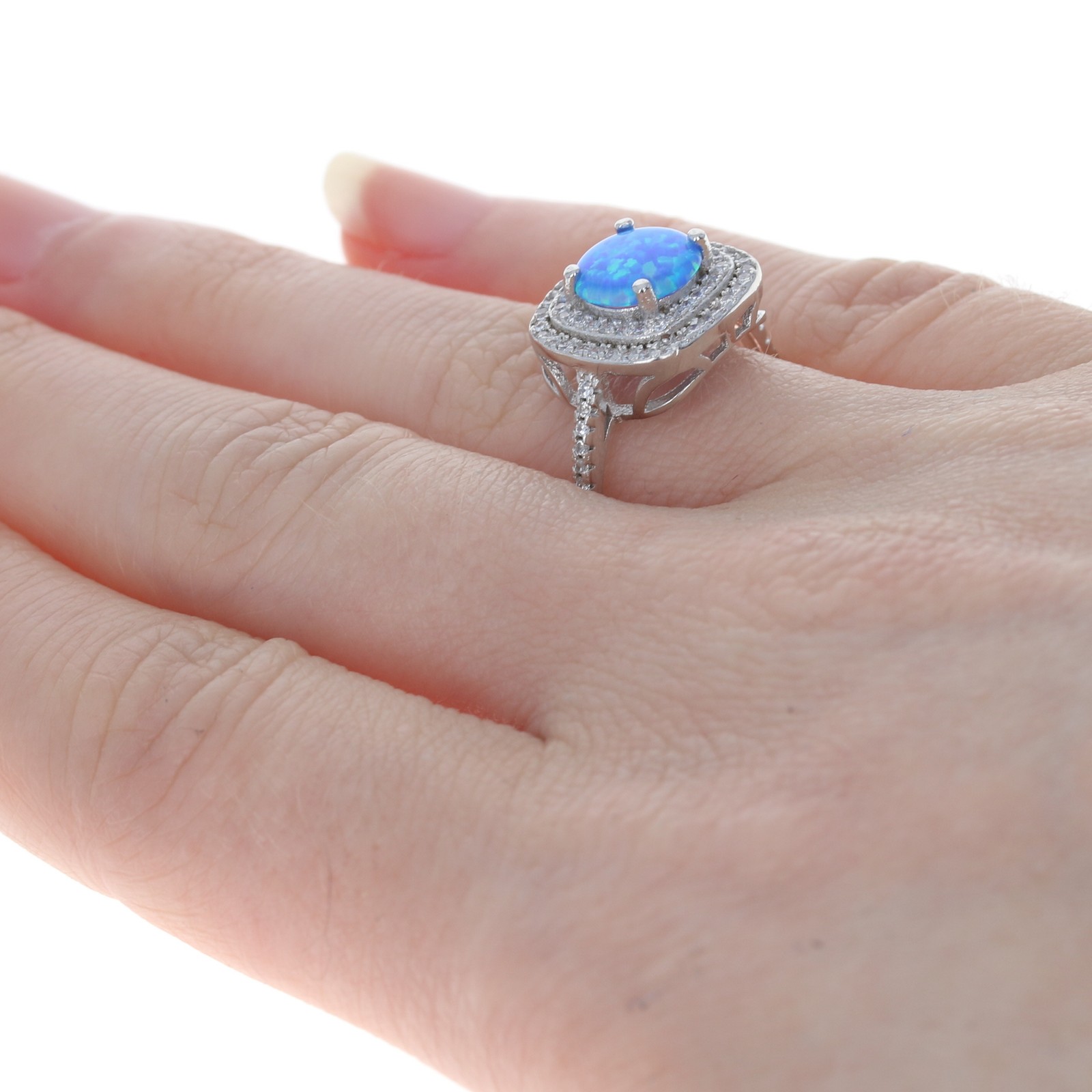 Sterling Synthetic Opal & Cubic Zirconia Double Halo Ring – 925 Round 1.60ctw