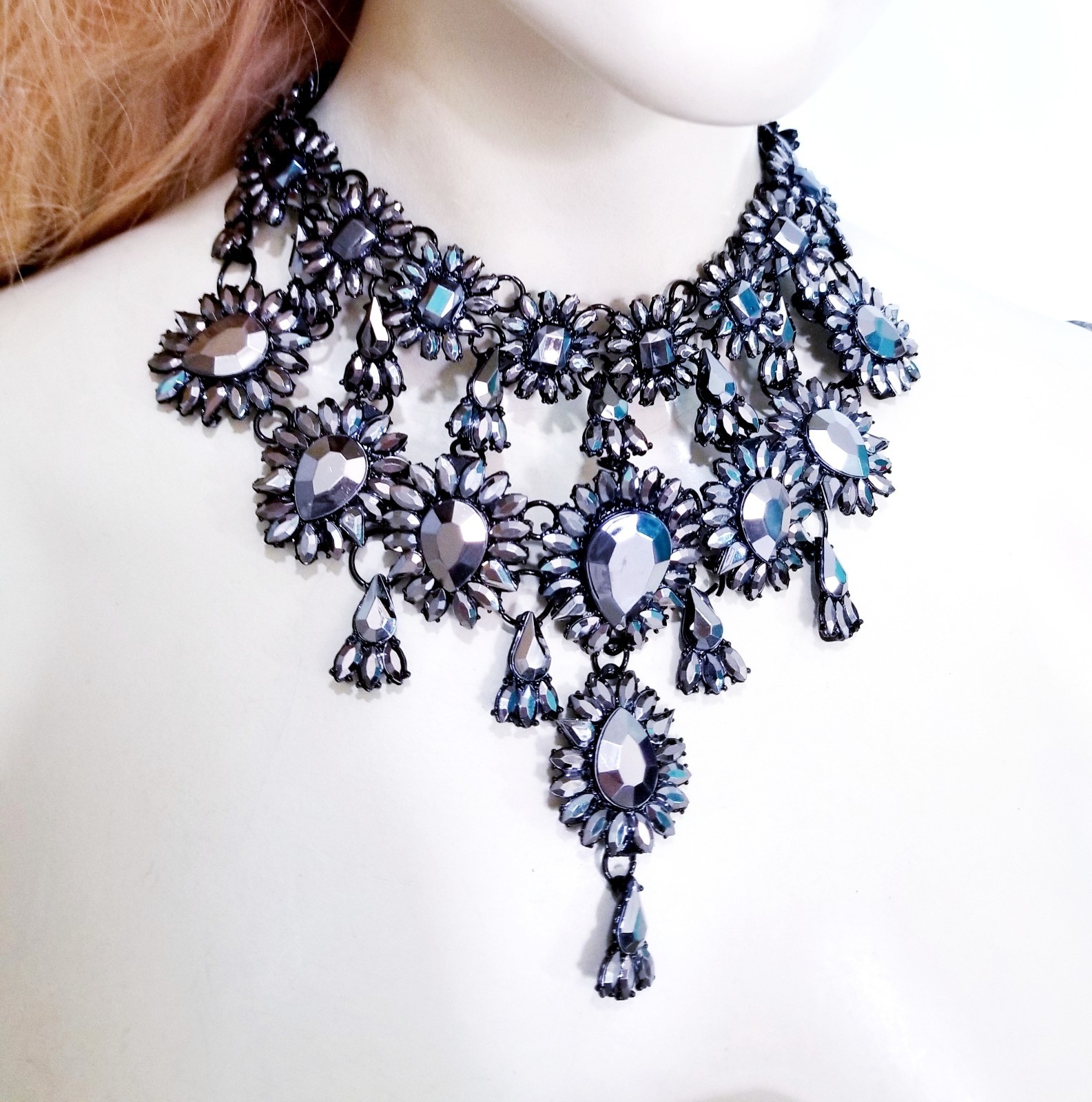 Charcoal Gray Statement Choker Rhinestone Necklace Bridal Prom Pageant Gothic