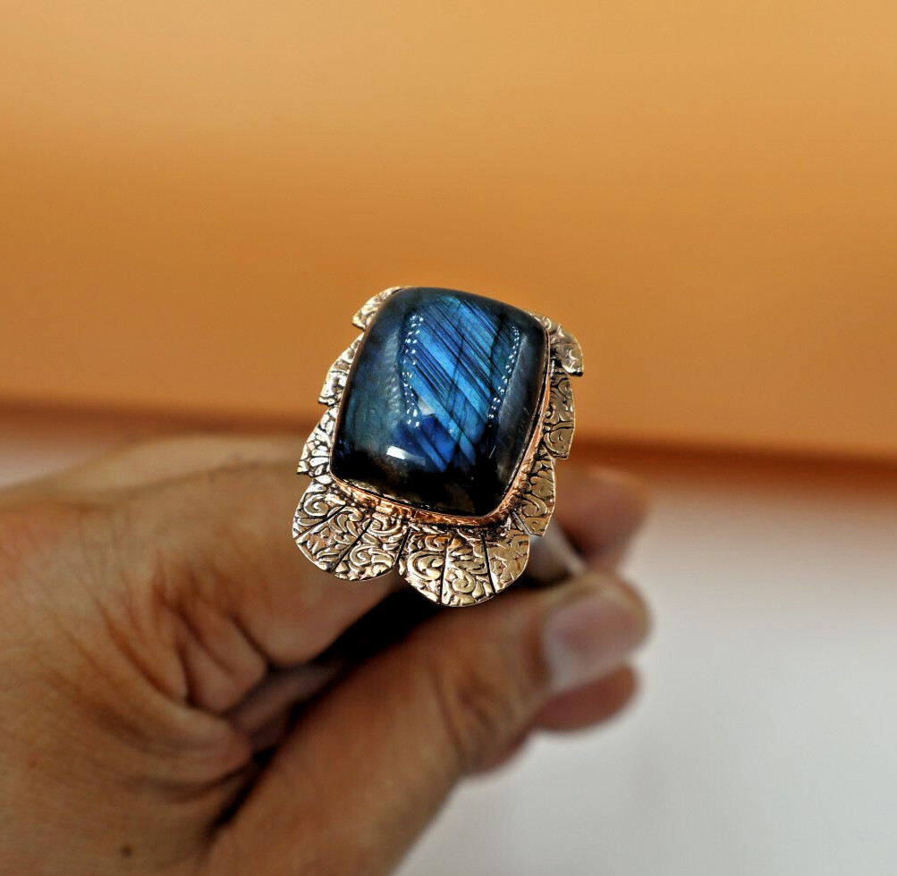 Blue Fire Labradorite Ring TexturedCopper Handmade Ring Bohemian Gift US” 7.5