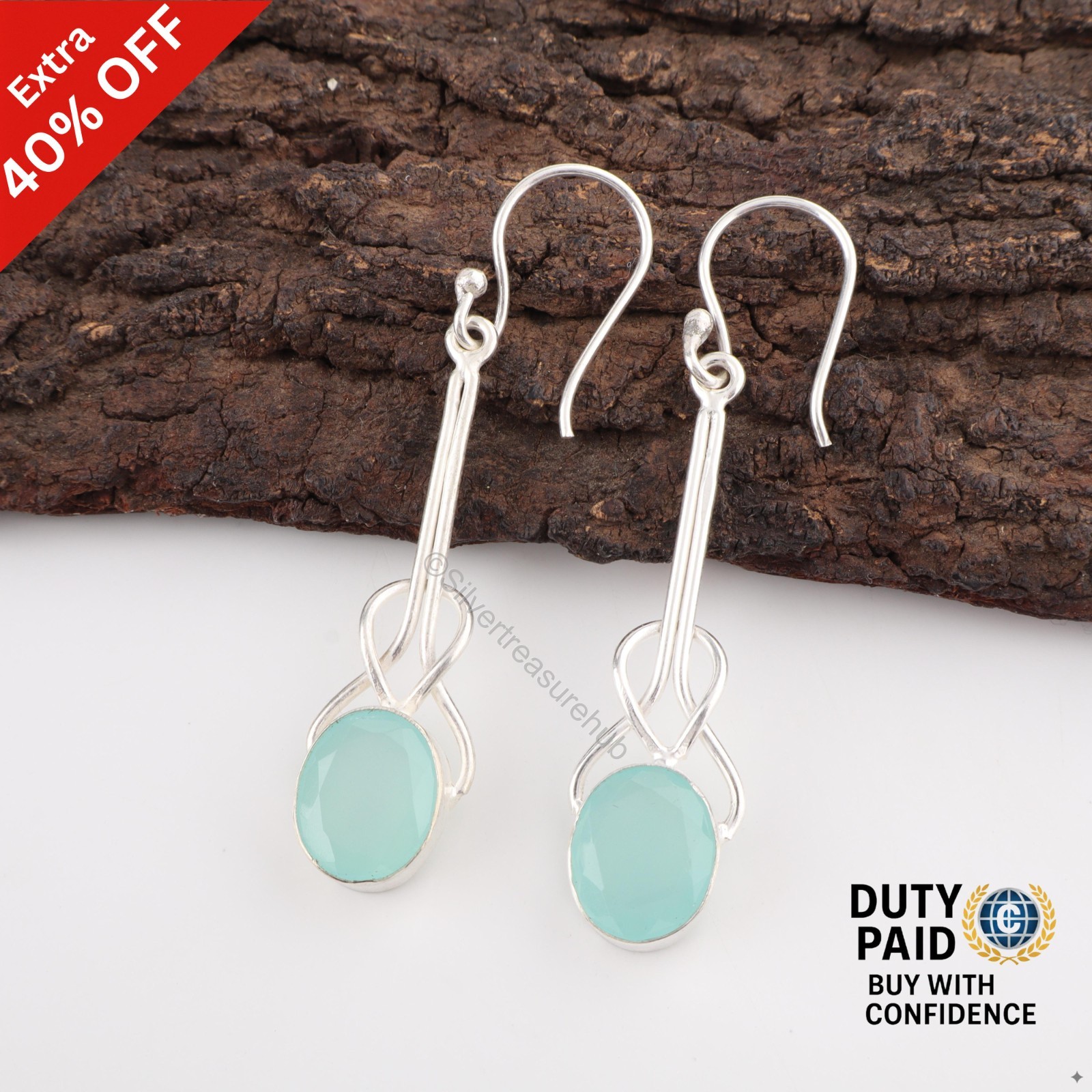 Aqua Chalcedony Gemstone 925 Sterling Silver Dangle Drop Channel Set Earrings