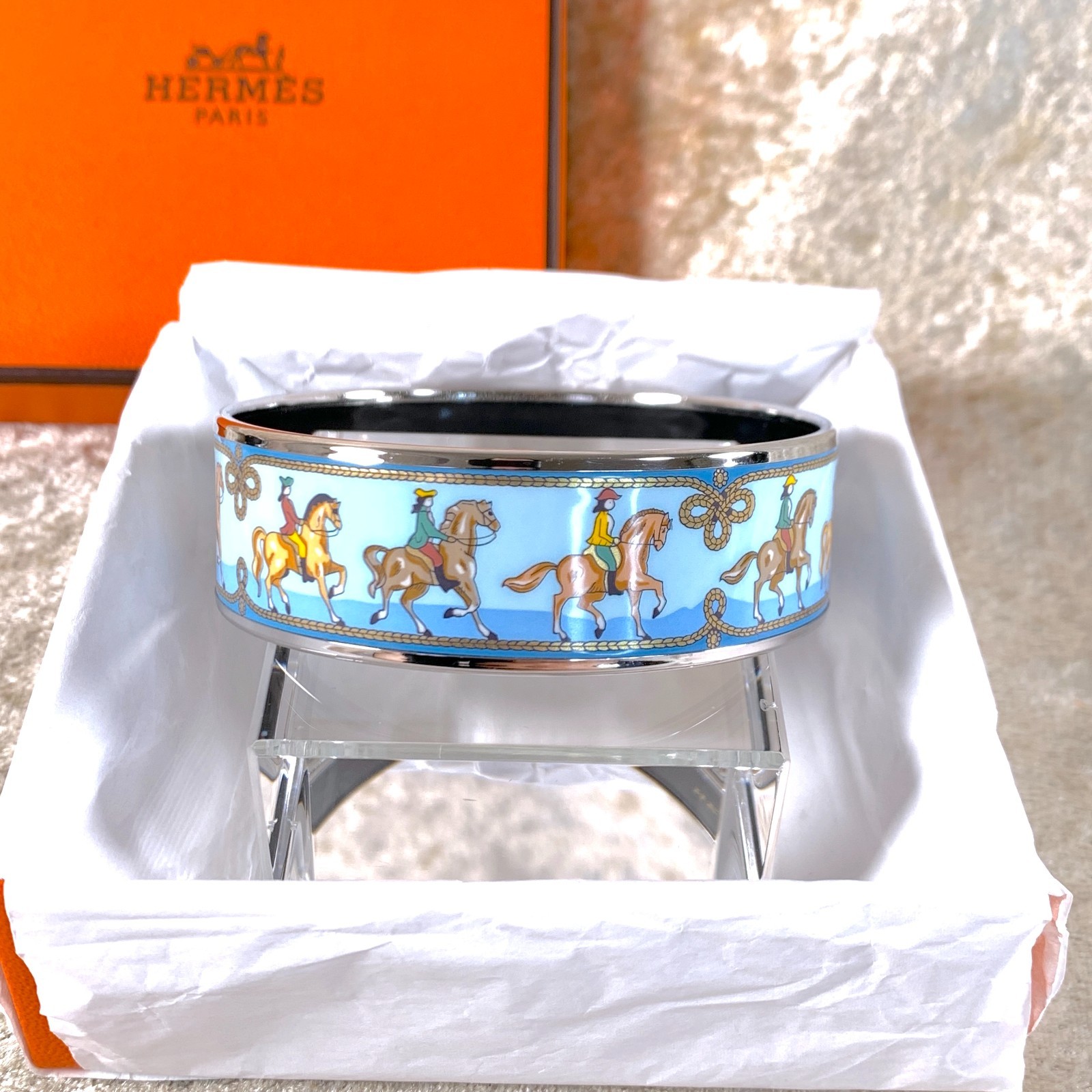 Vintage Hermes Bangle Bracelet Enamel Blue Horse Silver Rim Size 65 with Box