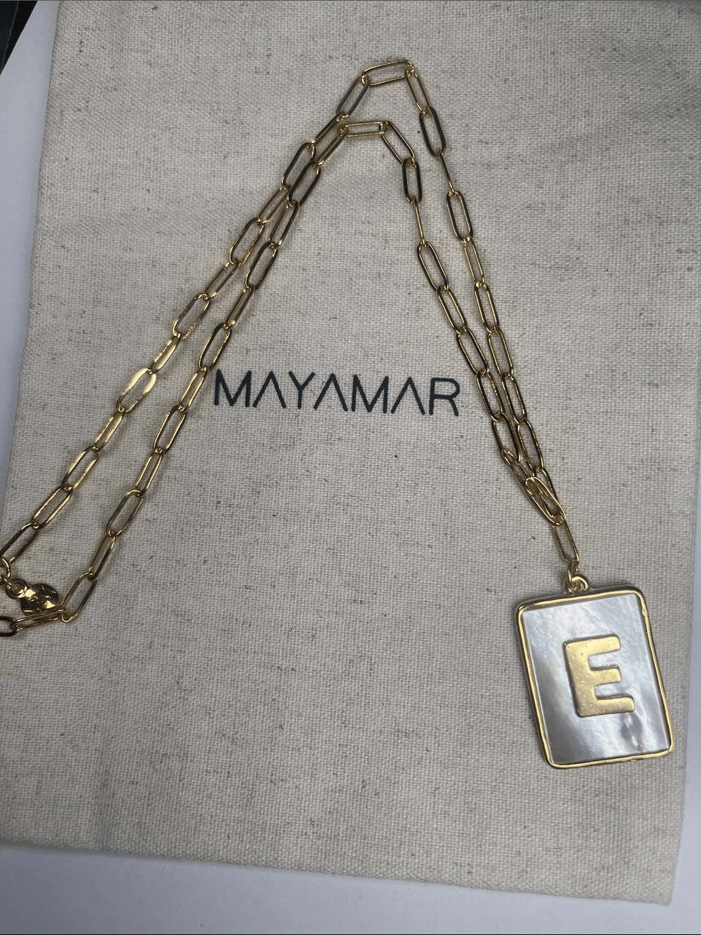 Gold E Rectangle Pendant Paperclip Necklace with Mother-of-Pearl by Mayamar