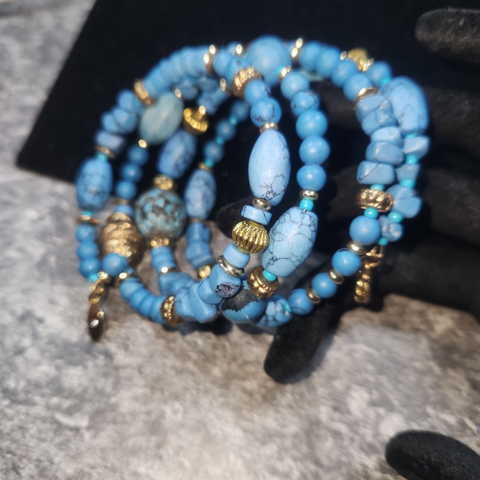 Chicos Blue Turquoise color Multi Strand Wrap Bracelet Gold Tone Accents