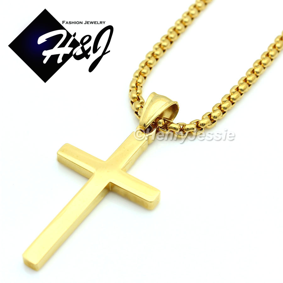 20″MEN Stainless Steel 2mm Gold Plated Box Link Chain Necklace Cross Pendant*GP