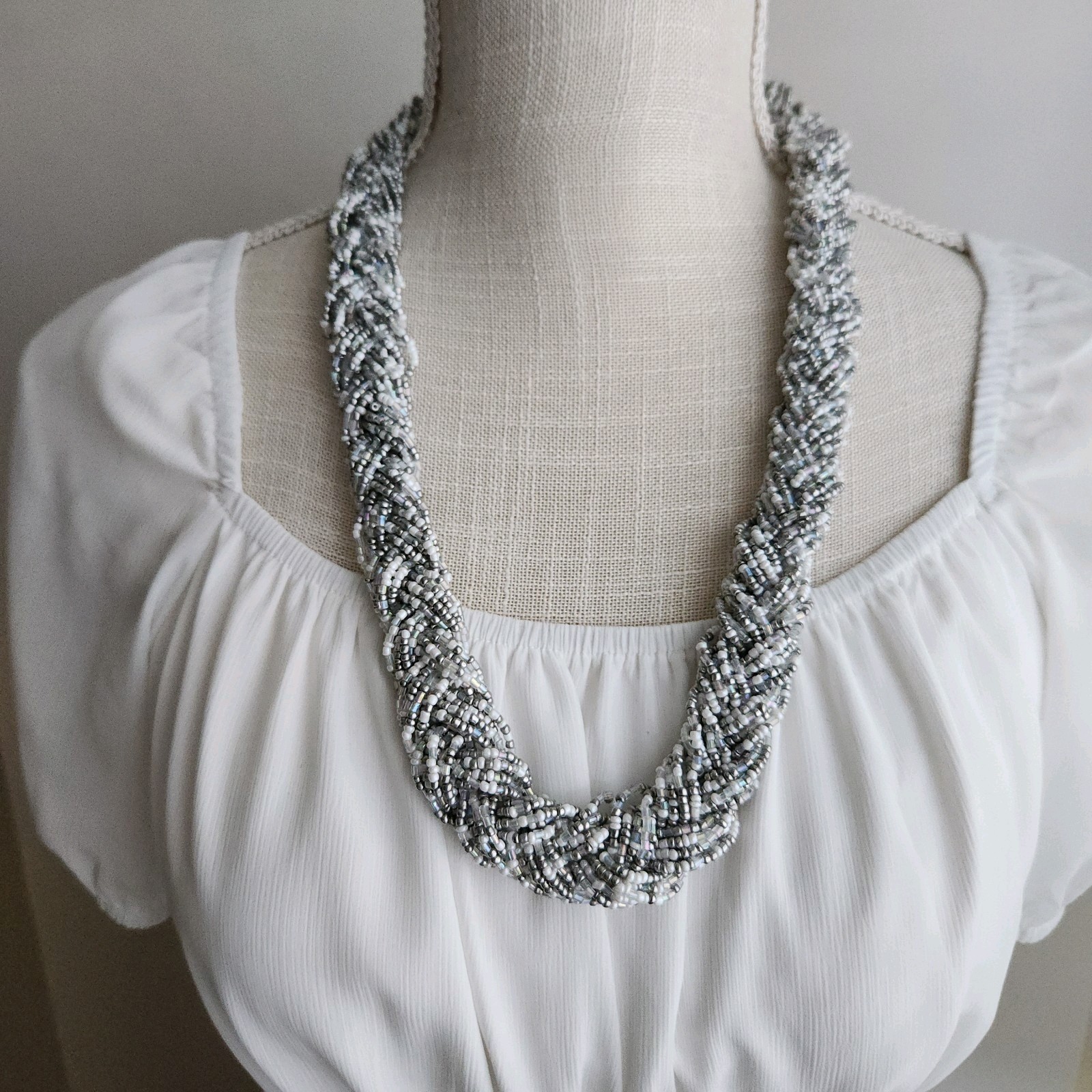 Silver & White Multi-Strand Seed Bead Braided Statement Necklace 26″