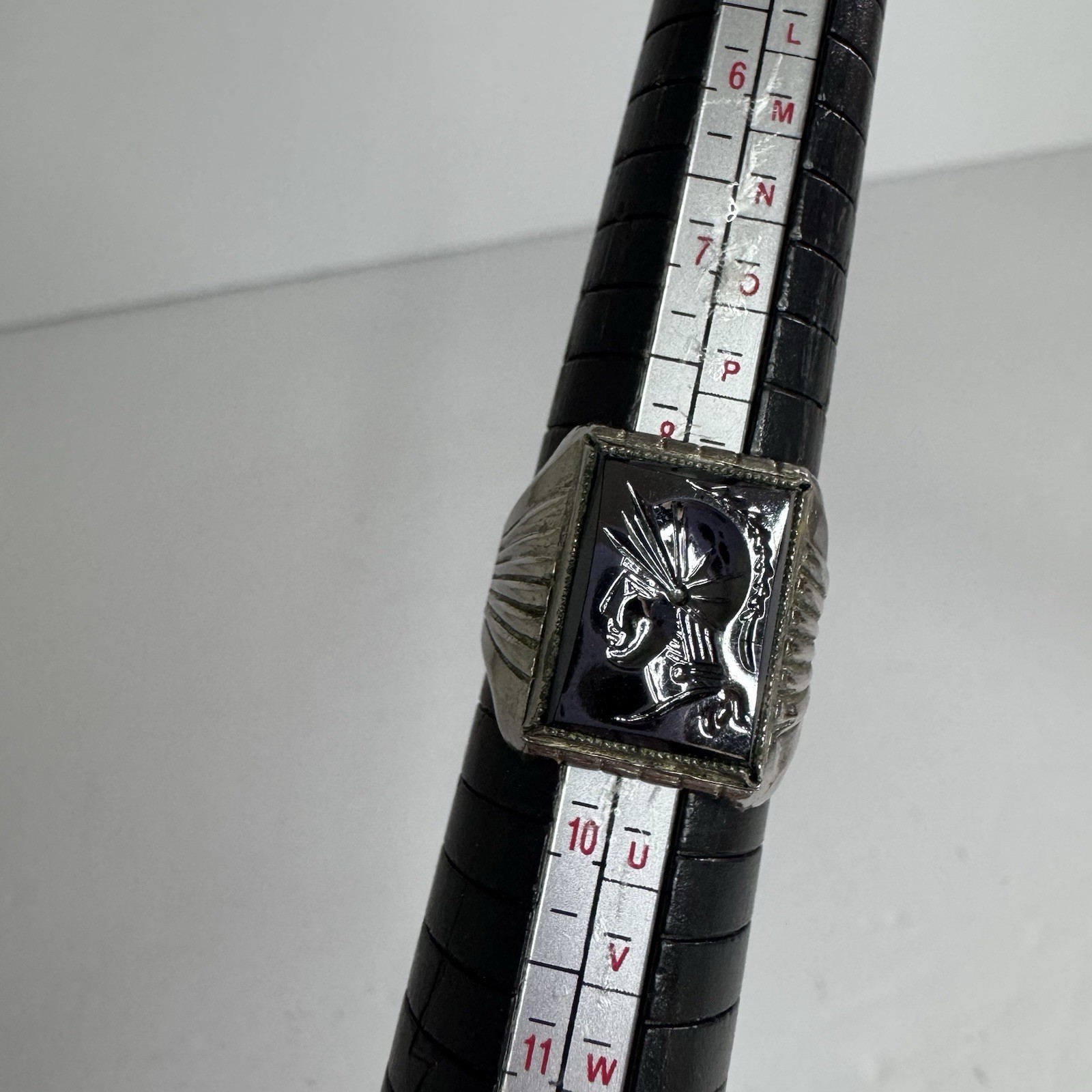 Vintage Art Deco Intaglio Hematite Ring Roman Soldier Size 9 Mens 70s