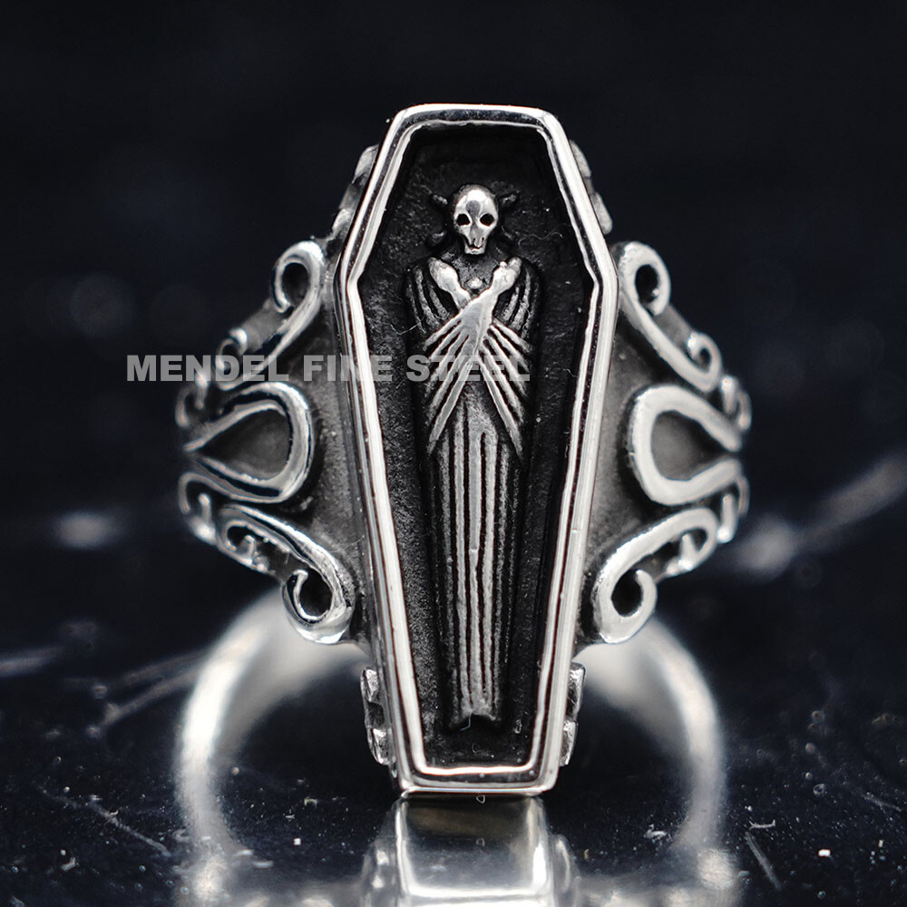 MENDEL Gothic Mens Stainless Steel Coffin Shaped Punk Biker Skull Ring Size 7-15