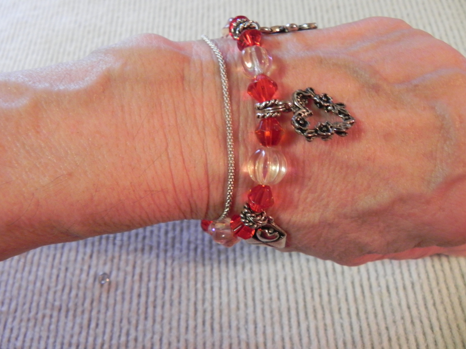 Red charm bracelet Beaded Valentines Love Letters Hearts AB crystal beads NICE
