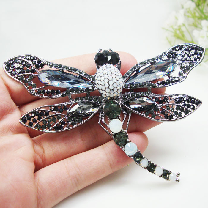 Vintage Black Dragonfly Bird Brooch Pin Pendant Rhinestone Crystal Accessories