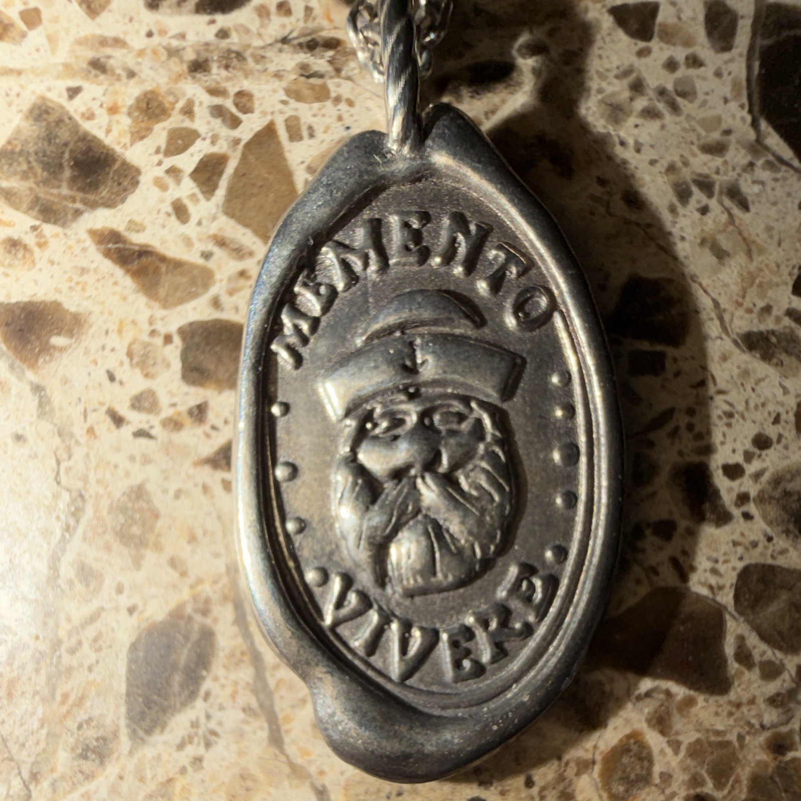 Memento Mori Signed Silver Skull Oval Charm Pendant Necklace Rope Chain