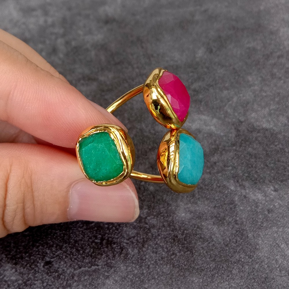 Green Blue Red Jade Gold Plated Adjustable Ring Handmade Jewelry