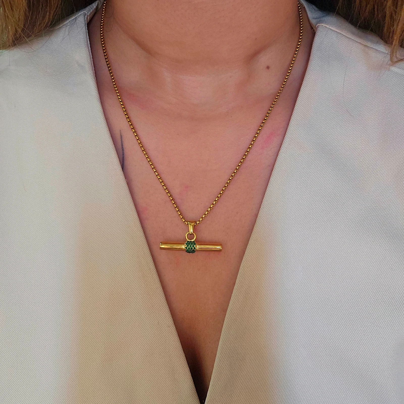 Rolo Chain Necklace Brass Metal T Bar Pendant With CZ necklace for gift