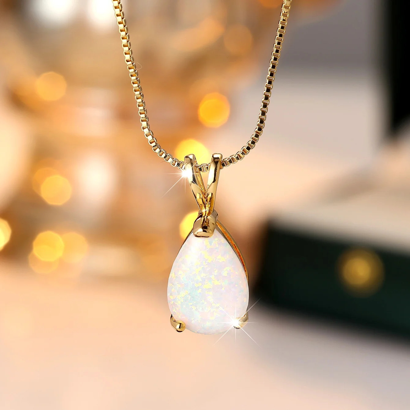 Boho Female White Blue Opal Water Drop Pendant Necklace Gold Color Wedding Jewel
