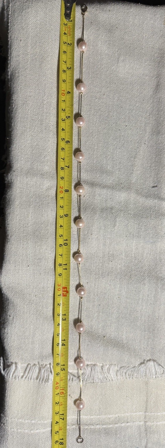 #6 Gold Tone Station Cable Chain Necklace Pink Round Pearl Bezel 18” Spring Ring