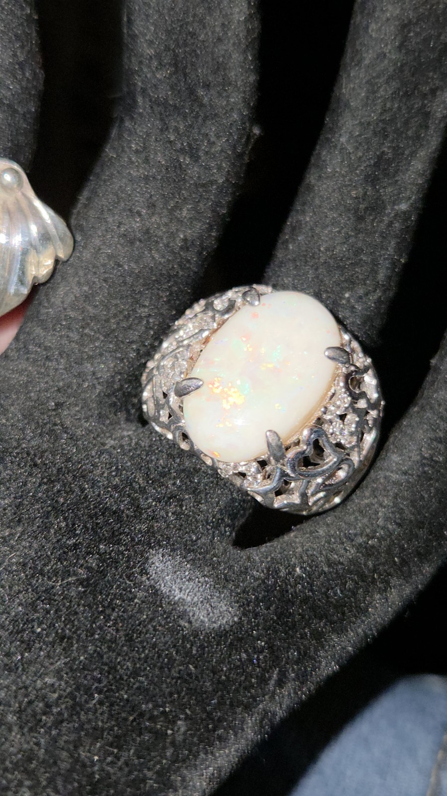 Silver Filigree Cocktail Ring w/ Oval 8ct Lightening Ridge Australian Opal