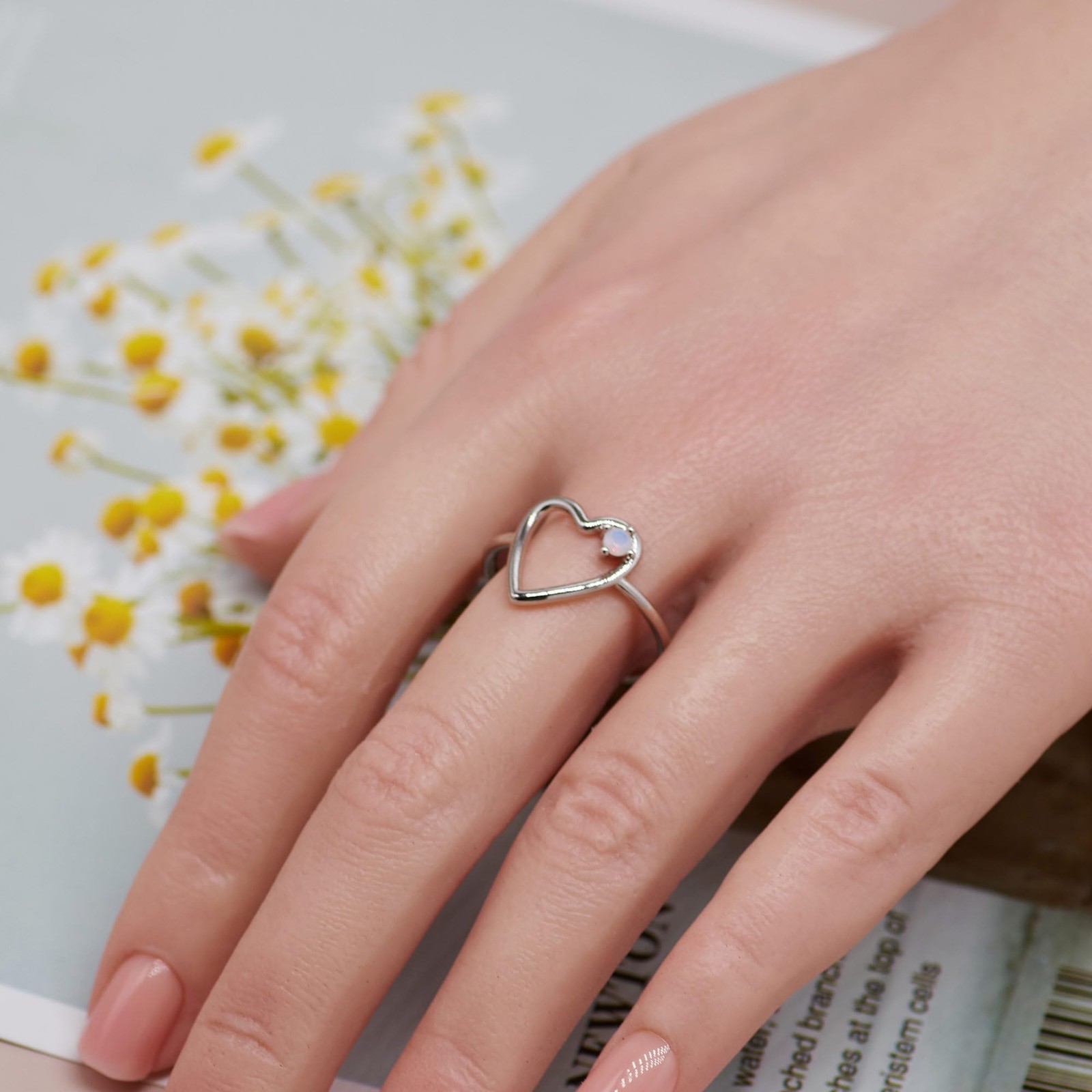 18K Gold Plated Heart Opal Ring, Adjustable Stackable Jewelry Gift for Women