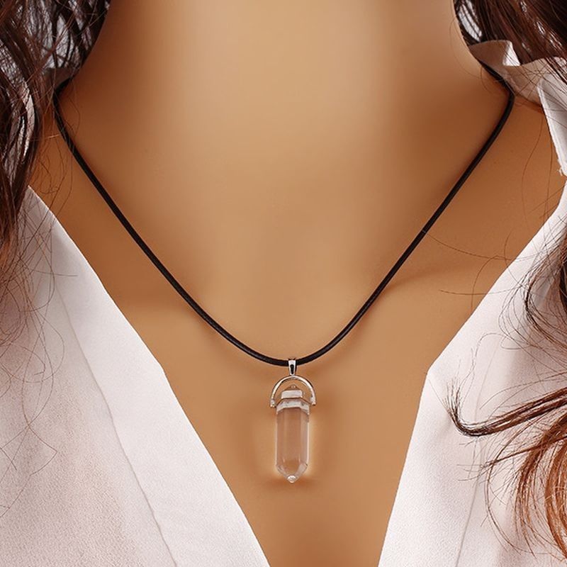 Crystal Stone Healing Pointed Chakra Pendant Hexagonal Quartz Necklace with Rope