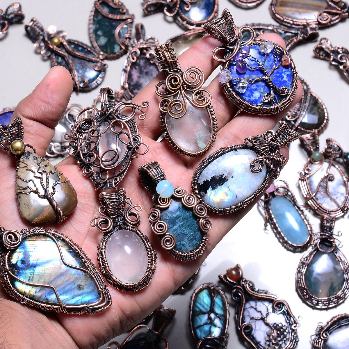 Natural Handmade Mix Gemstone Copper Wire Wrap 10 Pcs Lot Pendant Jewelry Reiki