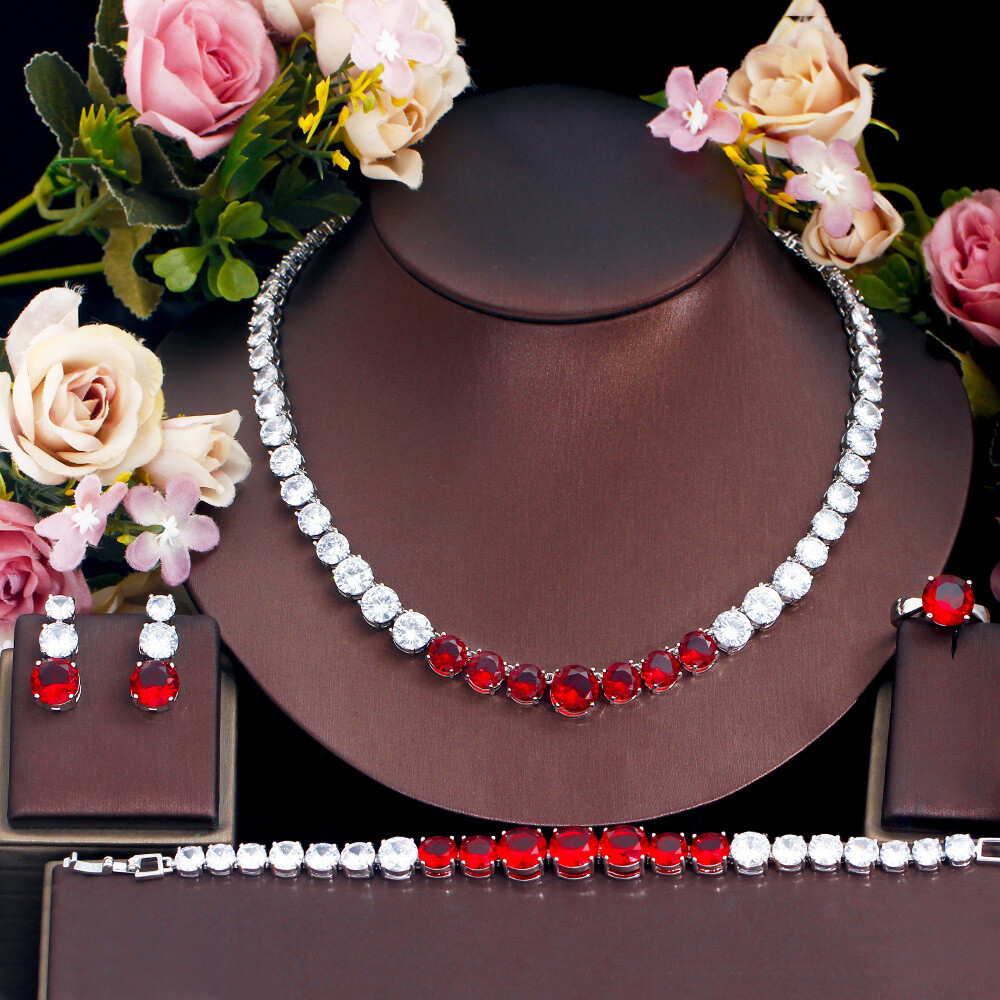 Silver Plated CZ Yellow Big Round Wedding Jewelry Necklace Earrings Bracelet Set
