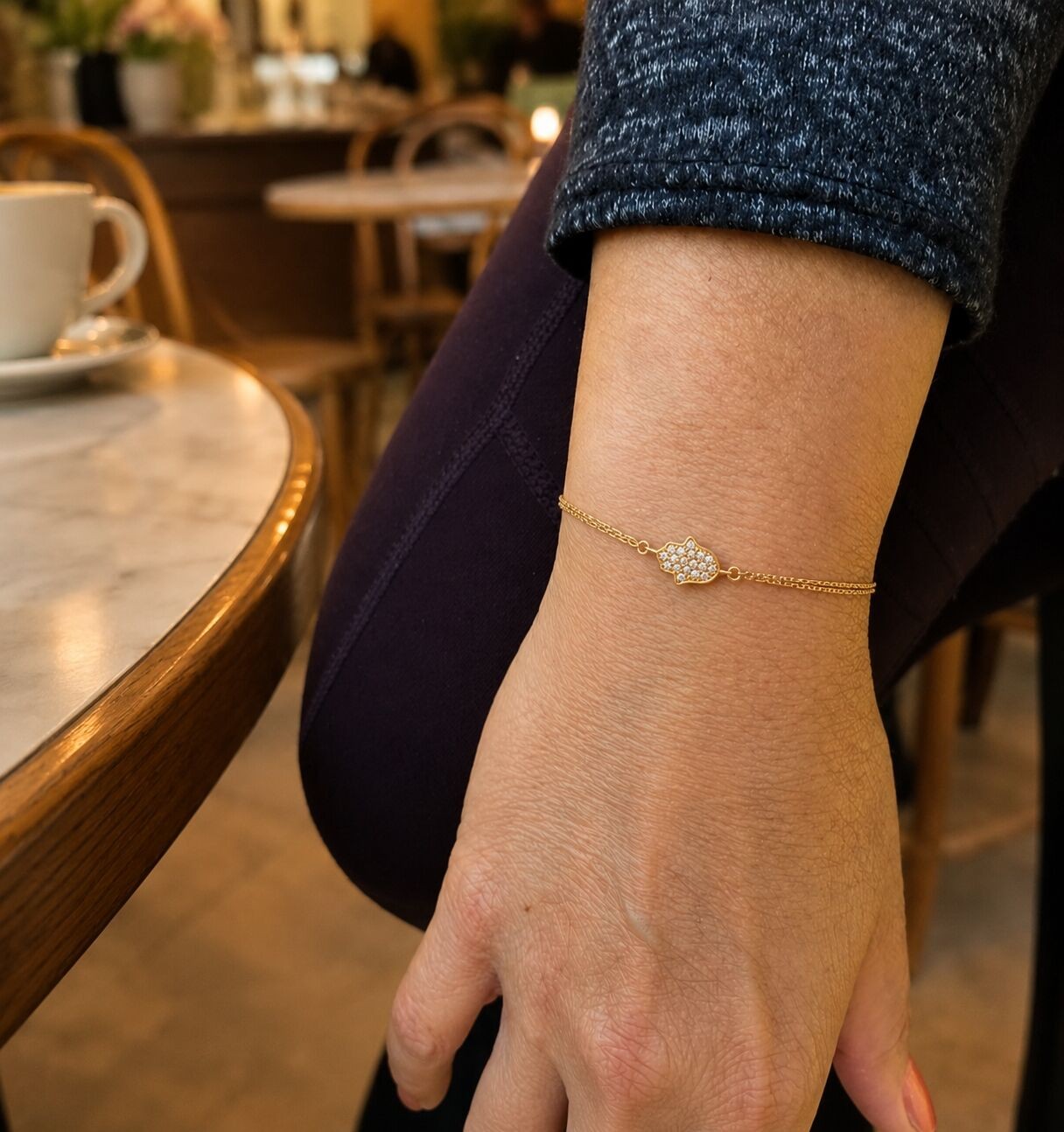 925 Silver Hamsa Bracelet CZ Yellow Gold Plated Adjustable Chain