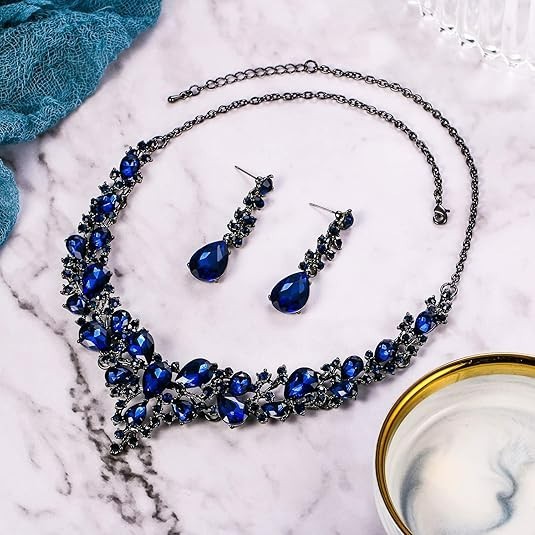 Collar y pendientes para novia, joya ideal para boda (Azul marino tono negro)