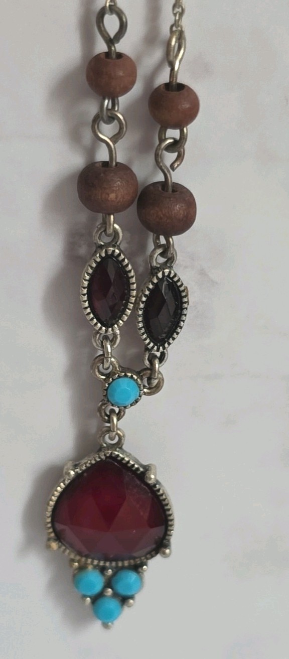Avon Necklace Vintage Y Drop Red Blue Acrylic Rhinestones Dainty 20″