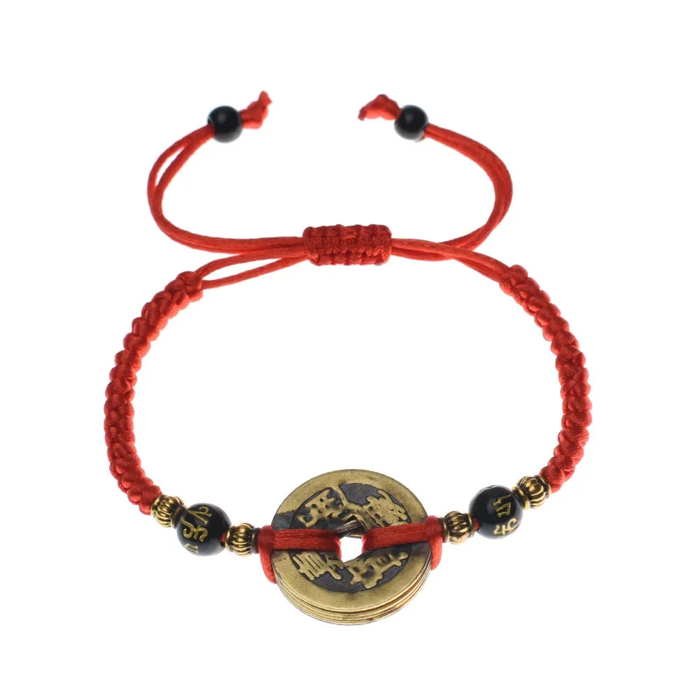 Lucky Five Emperor Money Real Copper Coin Braided Red Rope Bracelet Good Luck