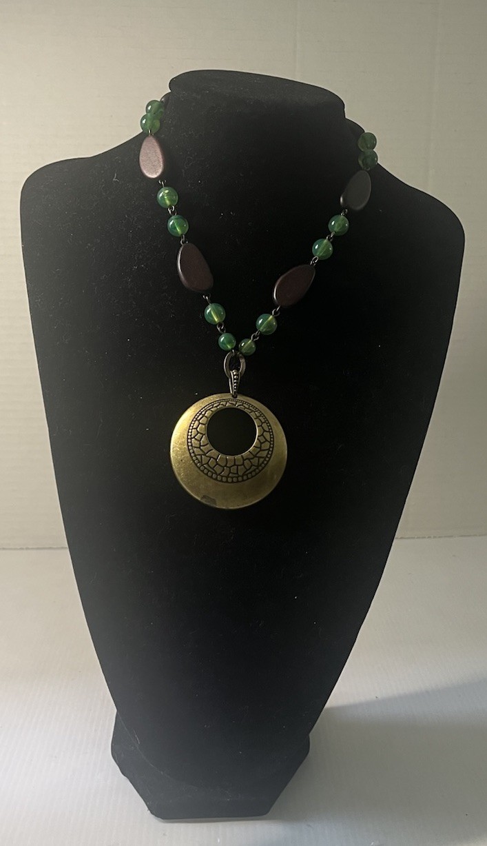 BOHO BEADED NECKLACE W/ROUND BRASS PENDANT 28″ SALE!