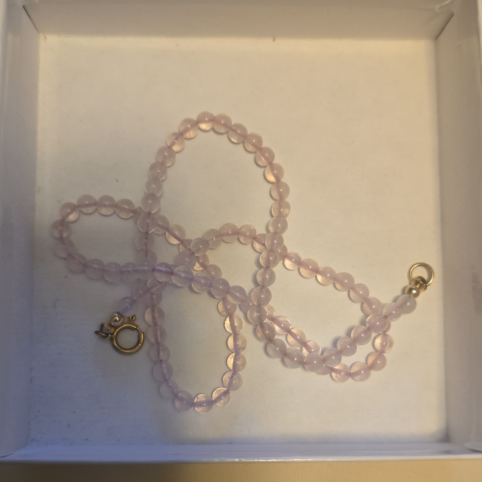 Pink Rose Quartz Round Beads Chain Necklace Yellow Gold Stone Spring Ring