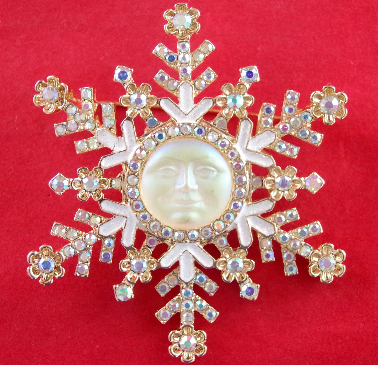 3″ NWOT UNSIGNED VTG INSPIRED MOON FACE AB RHINESTONE SNOWFLAKE PENDANT BROOCH