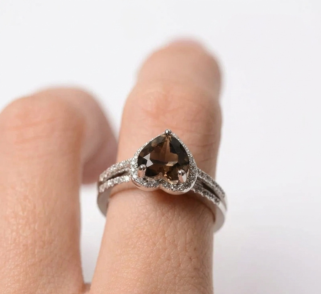 Heart Shaped Smoky Quartz, Sterling Silver Halo Engagement Ring,