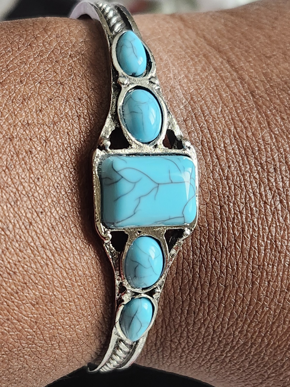 Silver Cuff Bracelet with 5 Oval Turquoise Blue Stones, Metal Stone