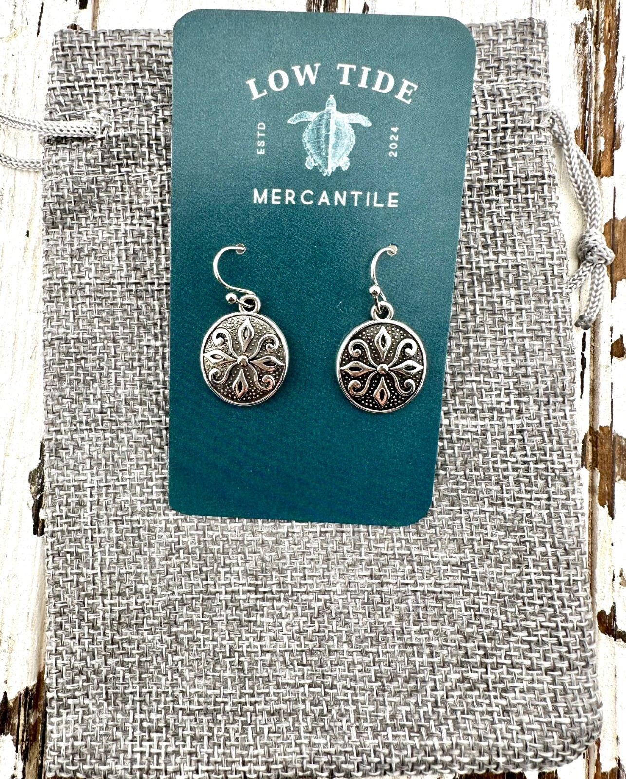 Silver Tone Engraved Folk Art Round Earrings