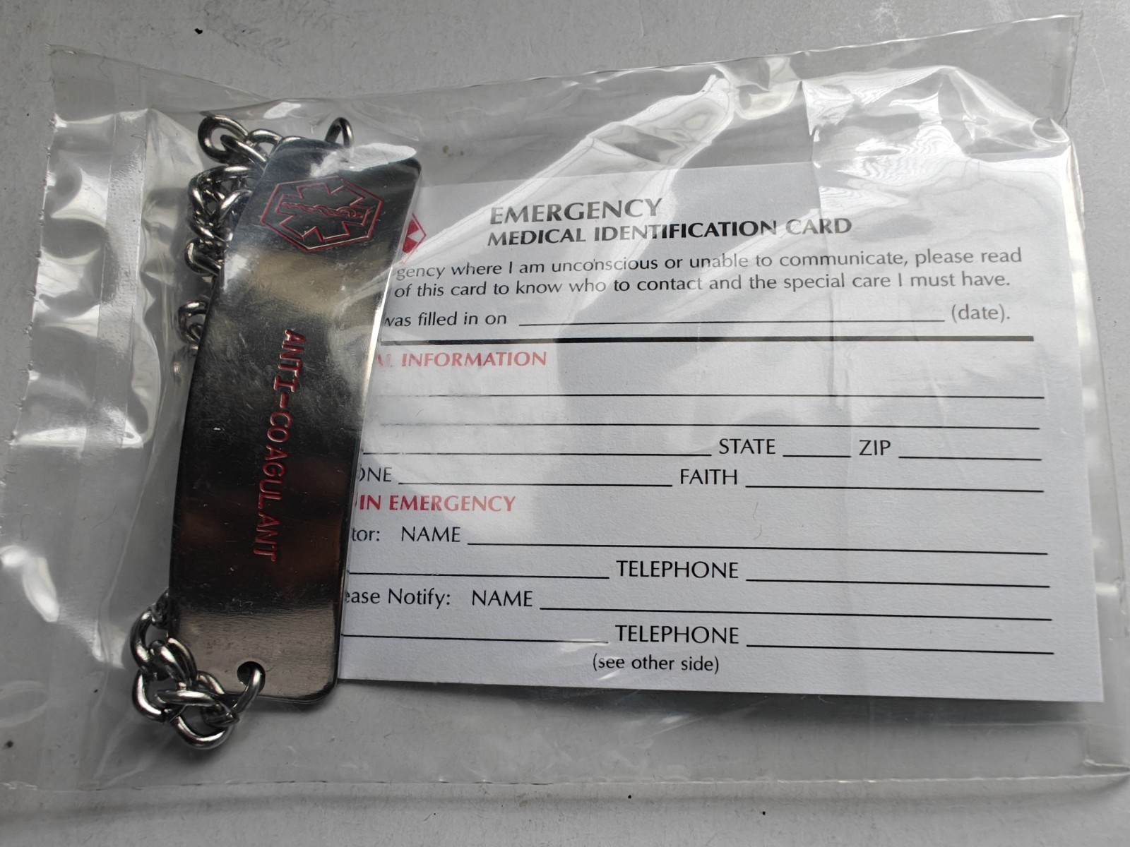 Anti-Coagulant Medical Bracelet, Engraved, Silver w/Emergency Medical IDCard