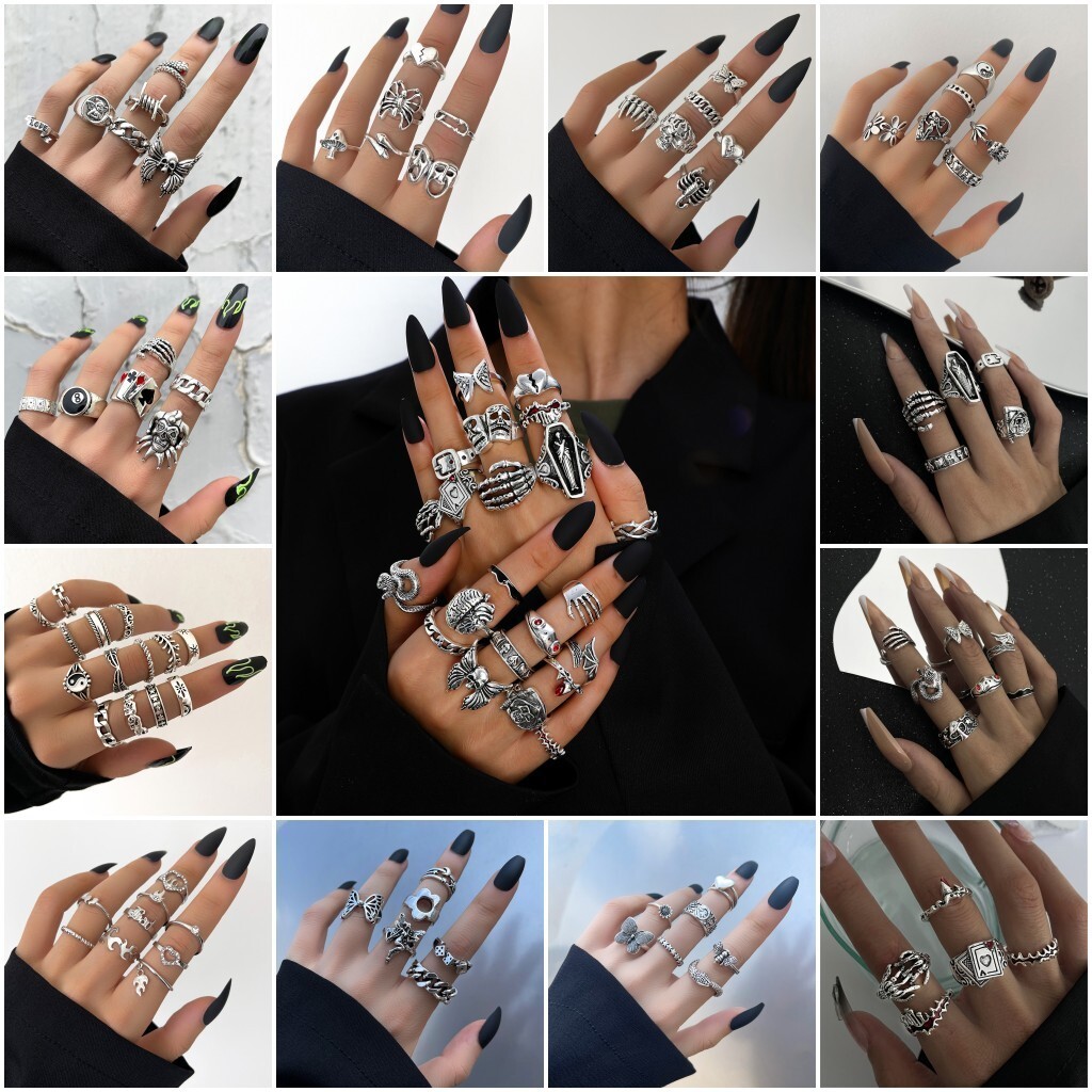 47pcs Antique Silver Gothic Rings Wholesale Mixed Vintage Metal Jewelry Set