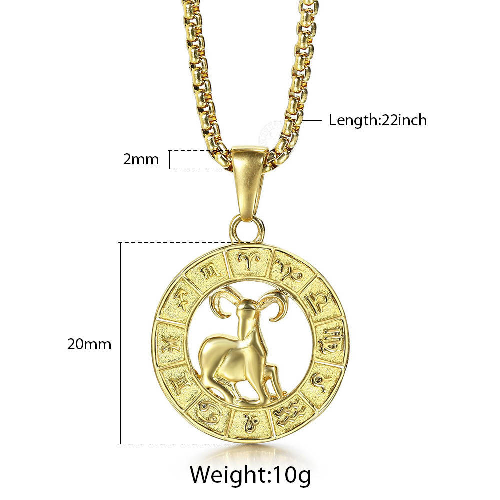 Yellow Gold Plated Stainless Steel 12 Zodiac Sign Pendant Necklace 18-22″ Chain