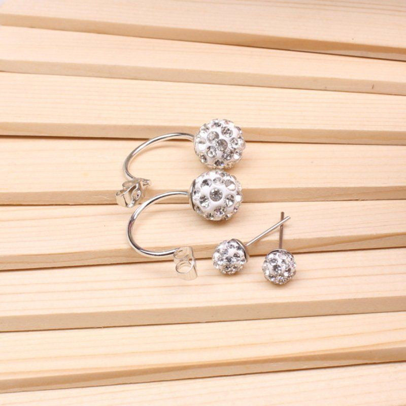 1 Pair Silver Women Lady Jewelry Double Beaded Rhinestone Crystal Stud Earrings