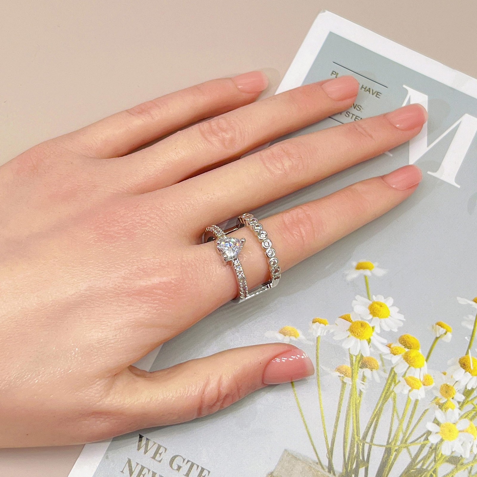 18K Gold Plated Double Band Heart Zirconia Ring for Women, Daily Wear Jewelry